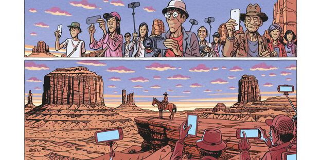 comic clip.  In the image above, people are taking photos with their smartphones, below you can see that they are photographing a cowboy on a horse
