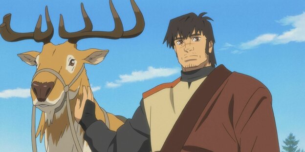 Das Still aus dem Zeichentrickfilm zeigt einen Hirschen und einen Mann daneben