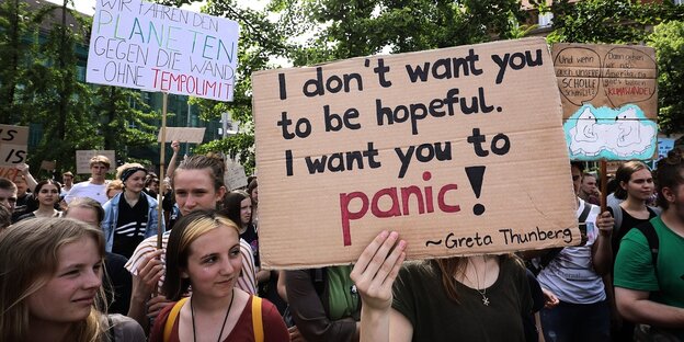 Klimaprotest. Jemand hält ein Schild mit der Aufschrift "...I want you to panic"