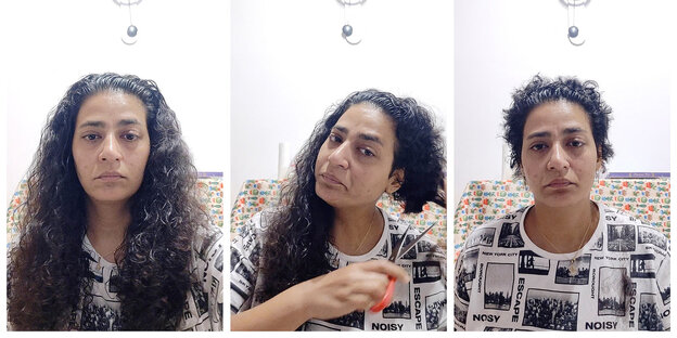 In three pictures you can see how a woman cuts off her long hair.