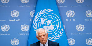 Portrait vor der Fahne der United Nations