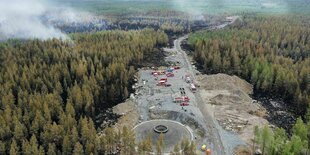 Wälder mit breiter Schneise und Feuerlöschfahrzeugen