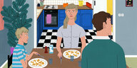 Szene aus dem Animationsfilm "L’Amour en Plan": Eine Familie sitz an einem Esstisch und isst Pasta, im Hintergrund ist der Küchenboden im Schachbrettmuster zu sehen. Carine (in der Bildmitte) schaut ihren Mann an, der angelenkt nach rechts schaut, Carines