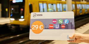 Hand hält Schild in Form einer großen Fahrkarte mit Aufdruck "29 Euro" vor U-Bahn