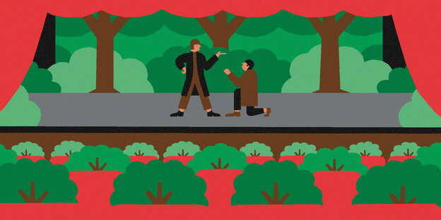 Stillisiert zeigt eine Illustration eine Bühne in einem Wald: Annette von Droste zu Hülshoff trifft Rimini-Protokoll - eine Kunst-Installation