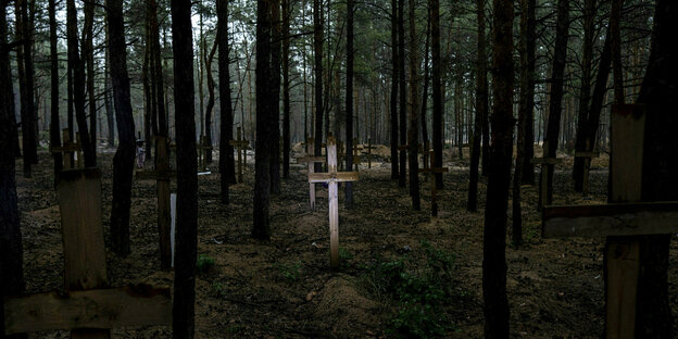 Holzkreuze stehen auf Gräbern im Wald