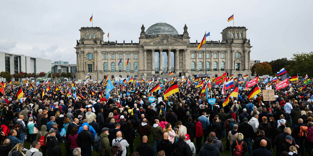 Demonstrant*innen der AfD-Demo vor dem Reichstag. Es sind Russland, Deutschland und Wirmer-Fahnen zu sehen