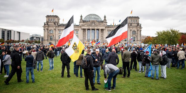 Demonstranten nehmen an einer Demonstration der AfD unter dem Motto «Energiesicherheit und Schutz vor Inflation – unser Land zuerst» teil. Sie schwenken Reichsflaggen.