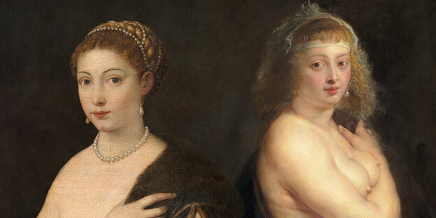 Two half-naked women in fur coats, painted by Titian and Peter Paul Rubens