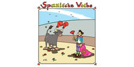 Lustige Zeichnung von Tom, Titel: Spanische Woche, darunter ein Stier mit Boxhandschuhen auf den Hörnern, vor ihm ein Torero mit einem Pümpel und einer Friedenszeichenfahne