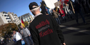 Ein Mann steht auf einer Demonstration, bei der auch Deutschlandfahnen getragen werden und trägt ein Shirt mit der Aufschrift: Endlich normale Leute