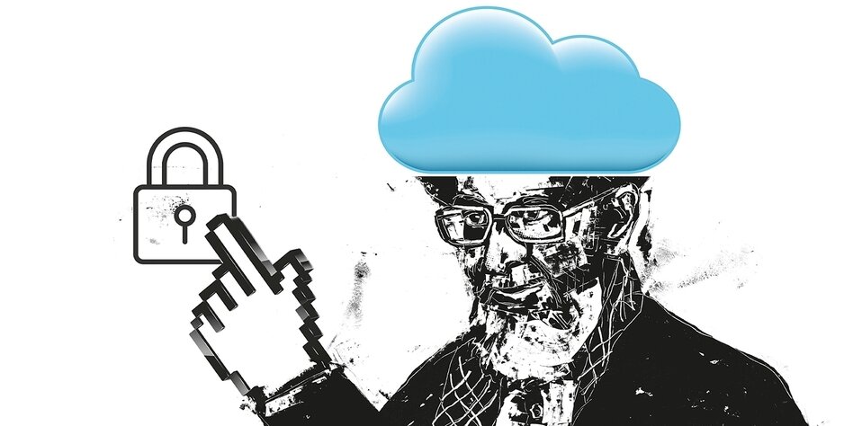 Illustration eines iranischen Mullahs, statt dem Turban trägt das Wolkensymbol der Internet-Cloud