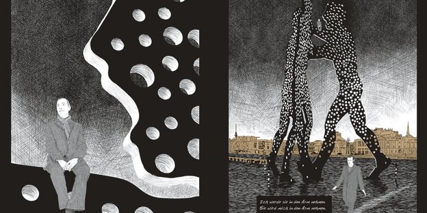 Ausschnitt aus der Graphic Novel „Der Himmel über Berlin“: Ein Mann sitzt auf dem Molecule Man in der Spree