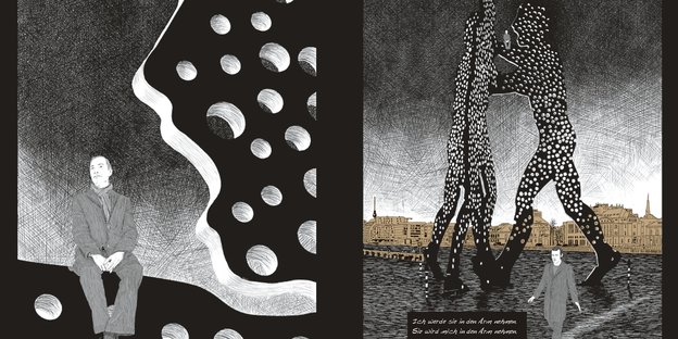 Ausschnitt aus der Graphic Novel „Der Himmel über Berlin“: Ein Mann sitzt auf dem Molecule Man in der Spree Ausschnitt aus der Graphic Novel „Der Himmel über Berlin“: Ein Mann sitzt auf dem Molecule Man in der Spree