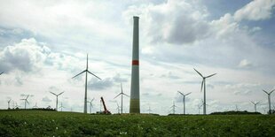 Neue Windräder werden auf einer Wiese aufgestellt