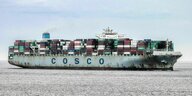 Ein Containerschiff mit dem Aufdruck "COSCO" am Hamburger Hafen