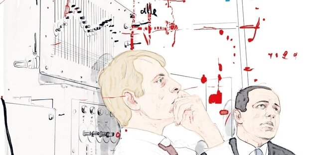 Eine Illustration zeigt den Komponisten Stockhausen grübelnd