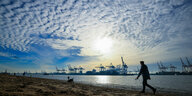 Bewölkter Himmel, ein Mann spaziert am Elbstrand, im Hintergrund ist der Hamburger Hafen zu sehen
