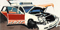 Das Gemälde von Tatjana Doll zeigt ein rampniertes Auto. Die offene Tür trägt die Aufschrift "Arzt", die Motorhaube ist geöffnet und ein Vorderrad scheint zu fehlen