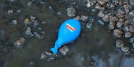 Ein blauer Luftballon ohne Luft in einer Regenpfütze