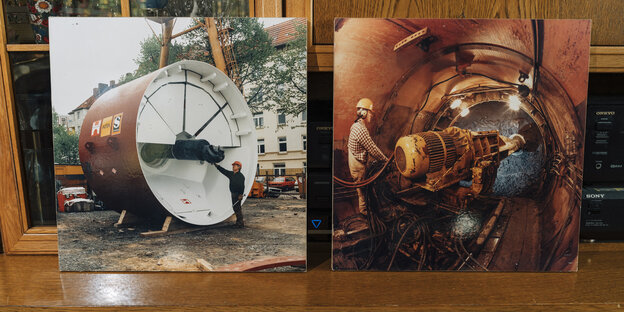Zwei Fotos von Hans Rosenau als Tunnelbauer auf eine Kommode Zwei Fotos von Hans Rosenau als Tunnelbauer auf eine Kommode