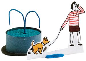 Zeichnung: ein Hund an Leine kackt an Brunnen