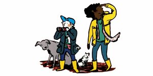 Zeichnung: zwei Kinder in gelben Gummistiefen mit Hund und Katze, offenbar auf der Suche