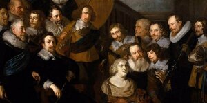 Ein Ausschnitt eines historischen Gemäldes (Captain Bicker's Company Waiting to Welcome Marie de Medicis), auf dem nur Männer zu sehen sind