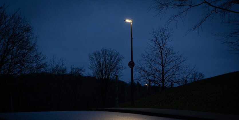 Eine Straßenlaterne ist in der Morgendämmerung zu sehen