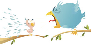 Illustration: ein agressiver blauer Vogel schreit auf einen kleinen Vogel ein, der auf einem anderen Ast sitzt, vom Geschrei verliert er sein GEfieder und ist nackt