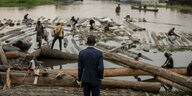 Das Foto zeigt einen Mann im Anzug, der das Ankommen von Baumstämmen in einem kleinen Hafen am Kongo beobachtet