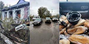 Zusammenstellung von drei Fotos: Ein beschädigtes Haus, Autos auf der Straße und verpackte Brotlaibe auf dem Rücksitz eines Autos