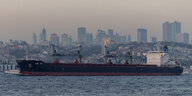 Ein Frachtschiff im Bosporus, im Hintergrund ein Hochhausviertel