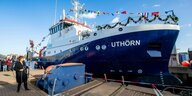 Das neue Forschungsschiff „Uthörn“ wird von Bettina Stark-Watzinger (FDP), Bundesforschungsministerin, getauft