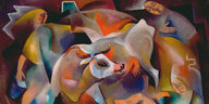 Mit schwingenden Formen ist eine Kuh und drei menschliche Figuren gemalt