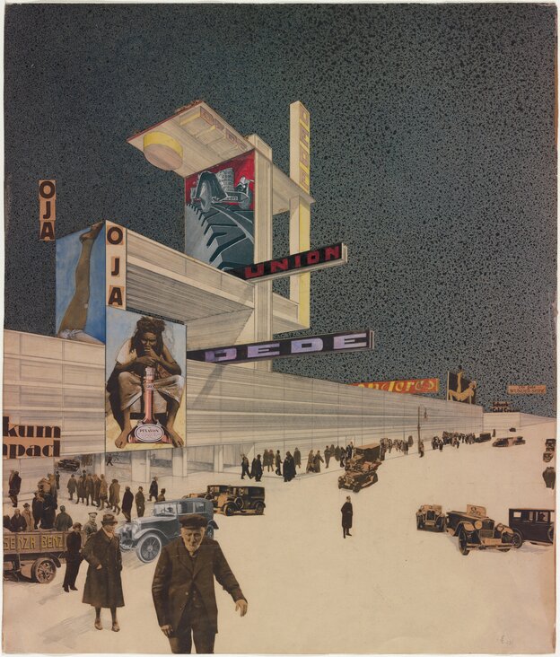 Collage von einem weiten Platz mit Menschen, einem langen Gebäuderiegel und einem futuristischen Aufbau mit weitauskragenden Schriftbändern und Plakatwänden Collage von einem weiten Platz mit Menschen, einem langen Gebäuderiegel und einem futuristischen Aufbau mit weitauskragenden Schriftbändern und Plakatwänden