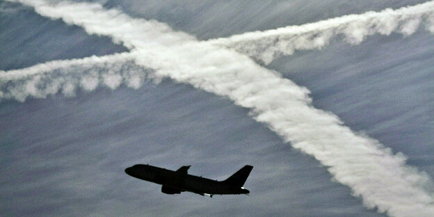 Kondensstreifen und dein Flugzeug vor blauem Himmel