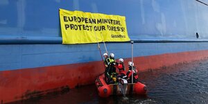 Das Bild zeigt Menschen auf einem Schlauchboot vor einer blau-roten Tanker-Wand mit einem gelben Transparent "European Ministers, protect our forests! Greenpeace".