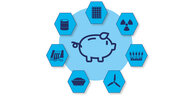 Die Grafik zeigt ein Sparschwein umgeben von blauen Icons wie Windkraft, Atomenergie, Wasserkraft, Kohle, Sonnenenergie...