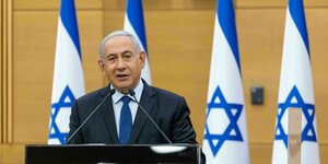Israels Ministerpräsident vor Israelfahnen