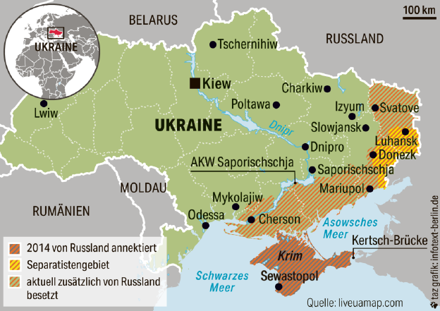 Eine Karte der umkämpften Gebiete in der Ukraine
