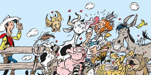 Lucky Luke brings animal lover Ovide Byrd to his farm and the 