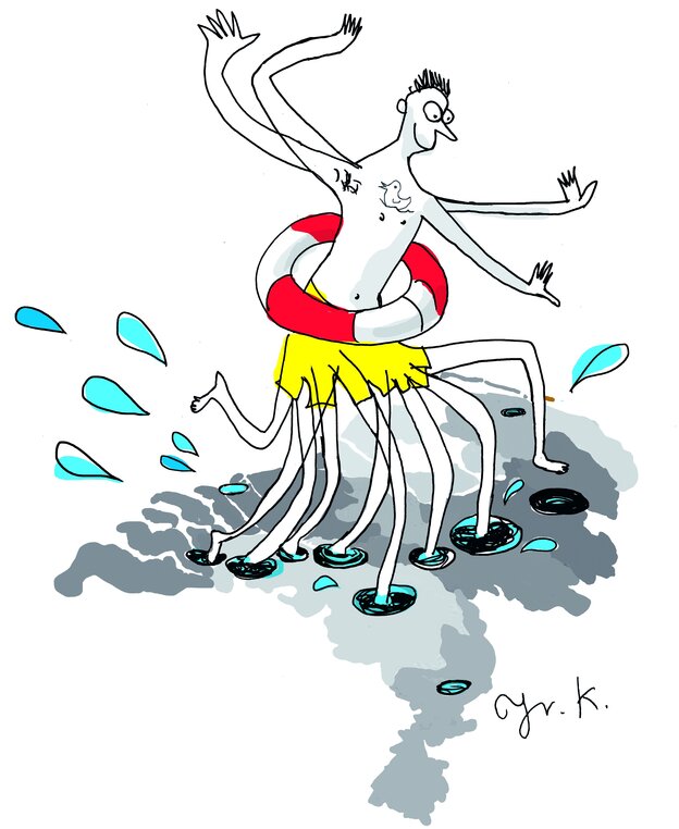 Illustration: Mann mit vielen Beinen - in einem Schwimmreifen