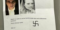 Auf einem Brief ist ein druchgestrichenes Foto des Attentäters von Hanau sowie von einer Frau zu sehen. Auf dem Brief steht: "Macht nur weiter so und wir kommen wieder. Dann wird Schlimmeres passieren. NSU 2.0". Daneben ist ein Hakenkreuz gezeichnet