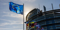 Die Flaggen der Europäischen Union, der Ukraine und der Mitgliedsstaaten der EU wehen vor dem Gebäude des Europäischen Parlaments in Straßburg