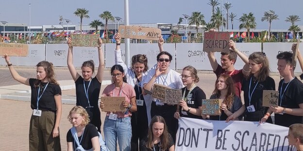 Das Bild zeigt eine Gruppe von Aktivist*innen mit Protestschildern vor Palmen.