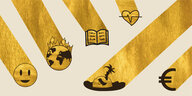 Goldene Strahlen mit Symbolen fliegen ins Bild. Sie symbolisieren Gesundheit, Glück, Umwelt, Geld, Bildung und Freizeit