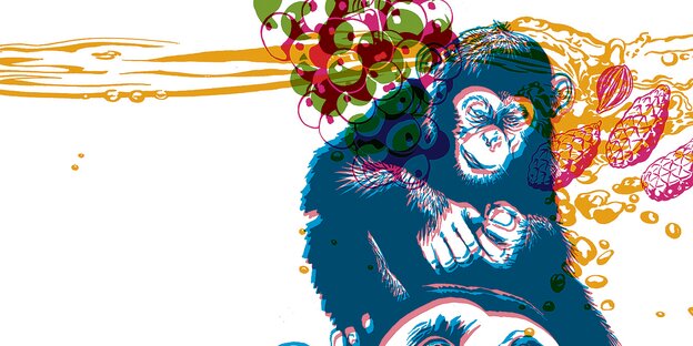 Eine Illustration in wilden Farben, auf der ein Schimpanse Weintrauben isst