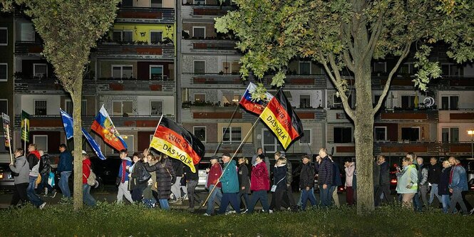 Menschen marschieren mit Deutschlandfahnen