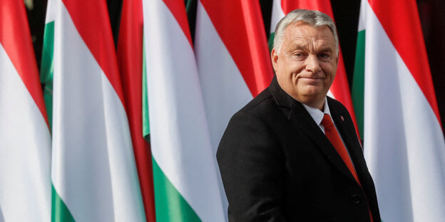 Premierminister Orban vor ungarischen Flaggen.